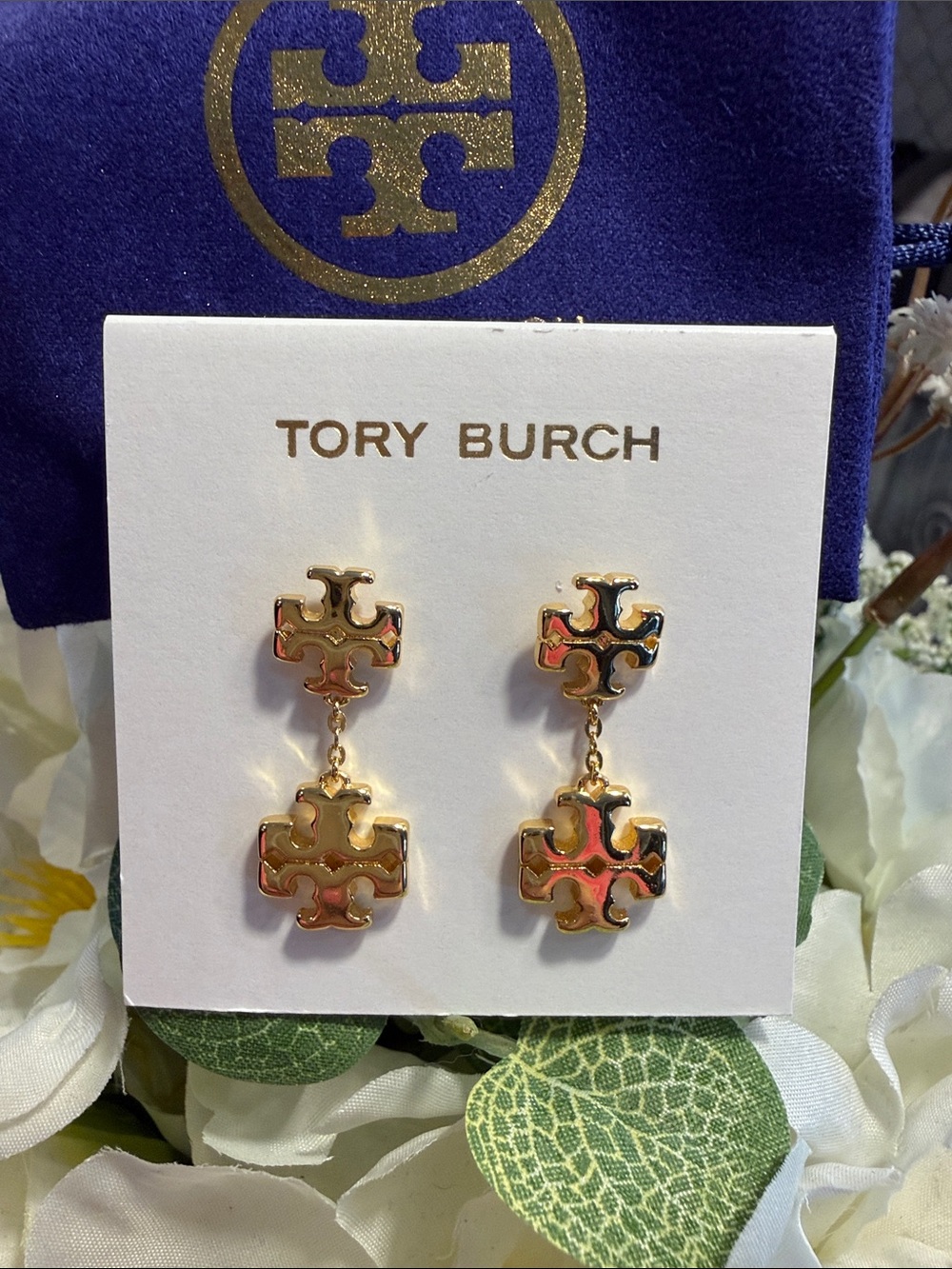 Tory Burch Gold Double-Drop Logo Earrings with dust bag - Picture 3 of 3